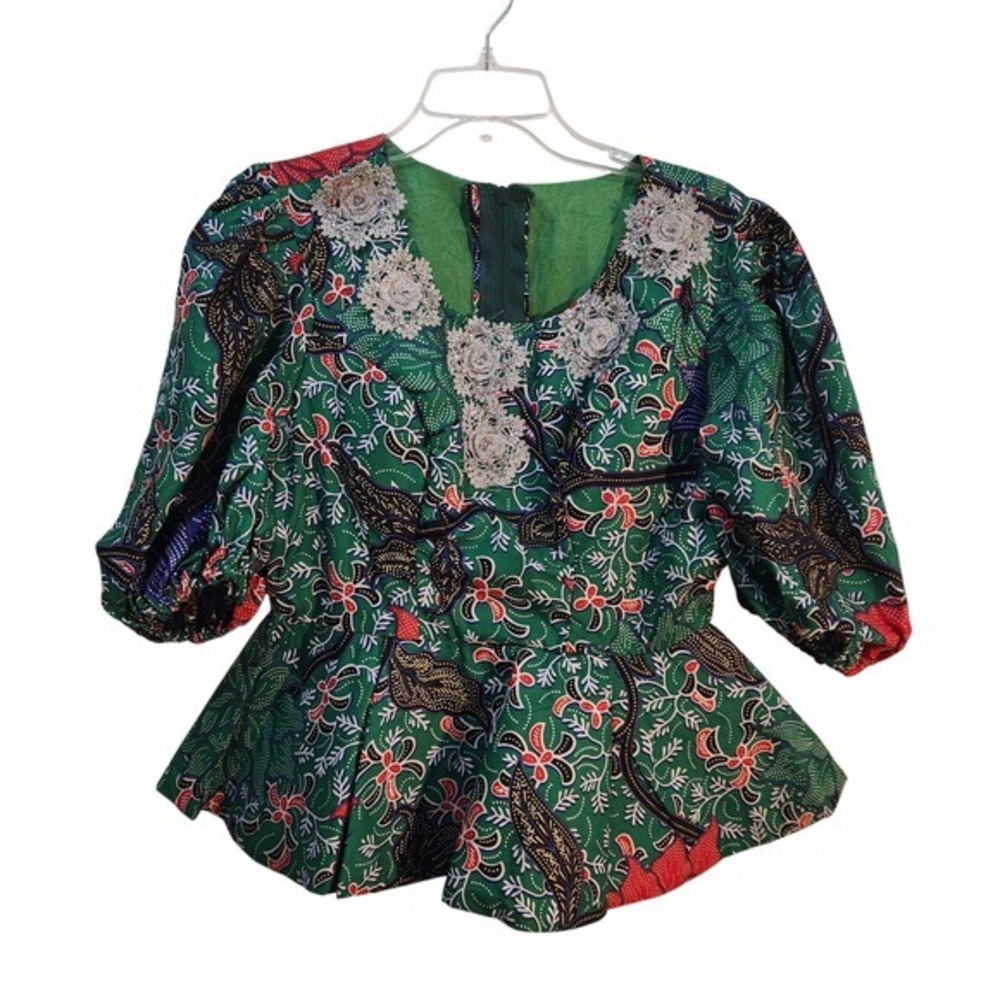 Ankara Batik Print Peplum Blouse Handmade Puff Sleeve Lace Applique XS/S